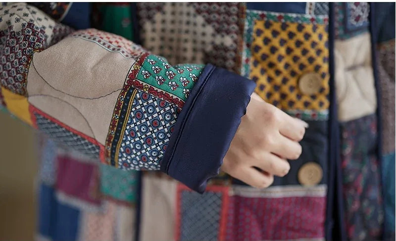 Ethnic Patchwork Quilted Padded Jacket Long Sleeve