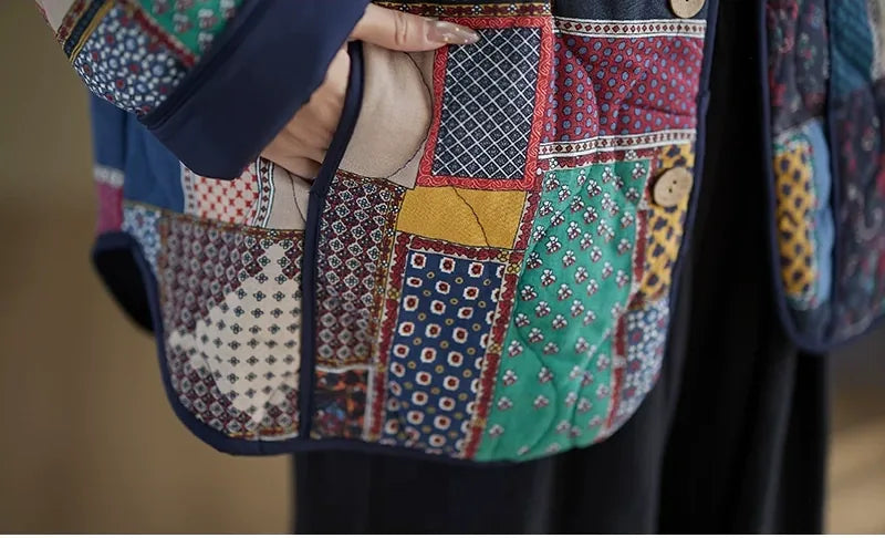 Ethnic Patchwork Quilted Padded Jacket Long Sleeve