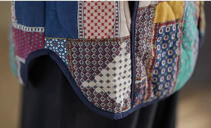 Ethnic Patchwork Quilted Padded Jacket Long Sleeve