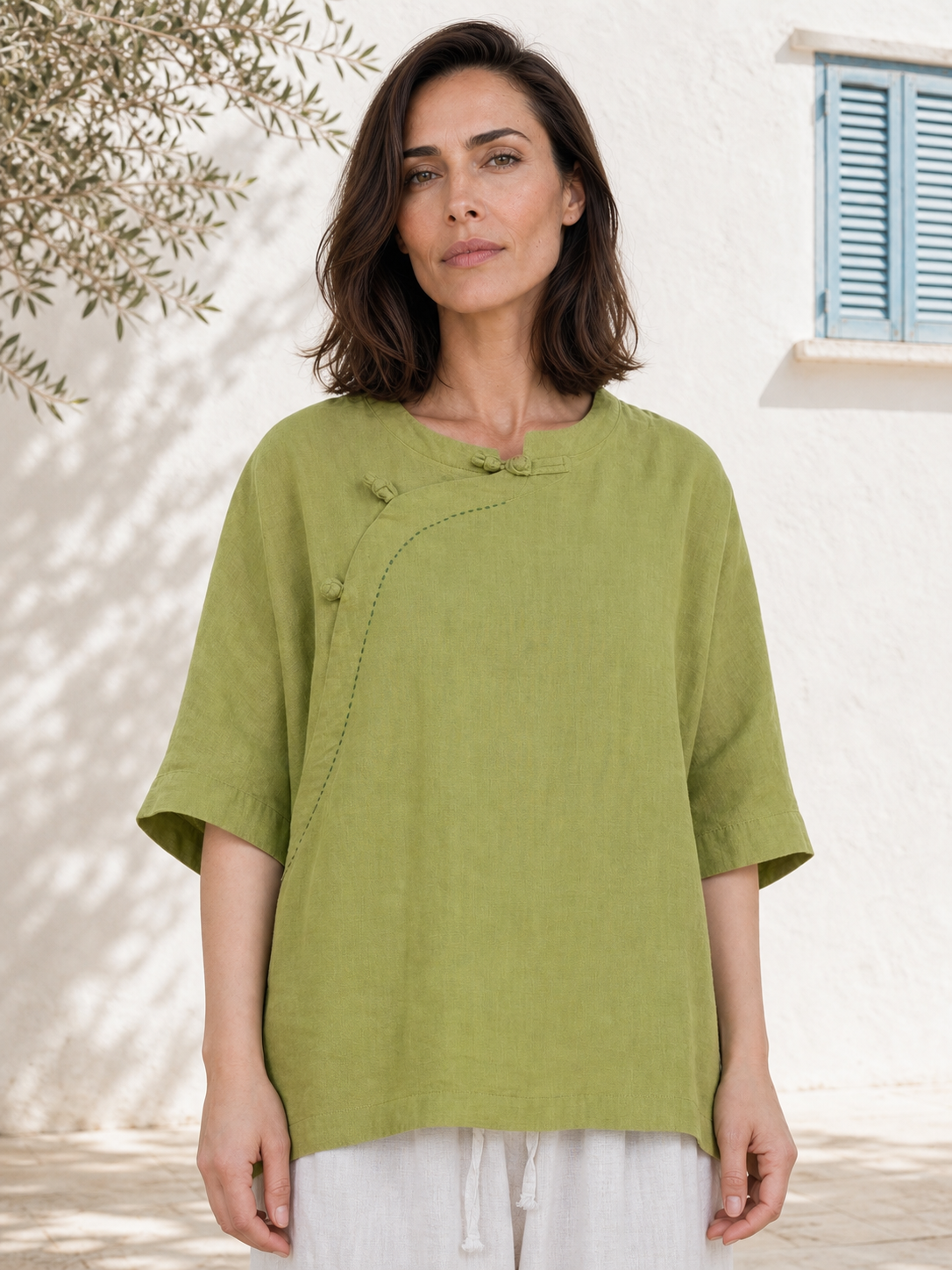 100% Linen Top with Mandarin Collar & Asymmetrical Front