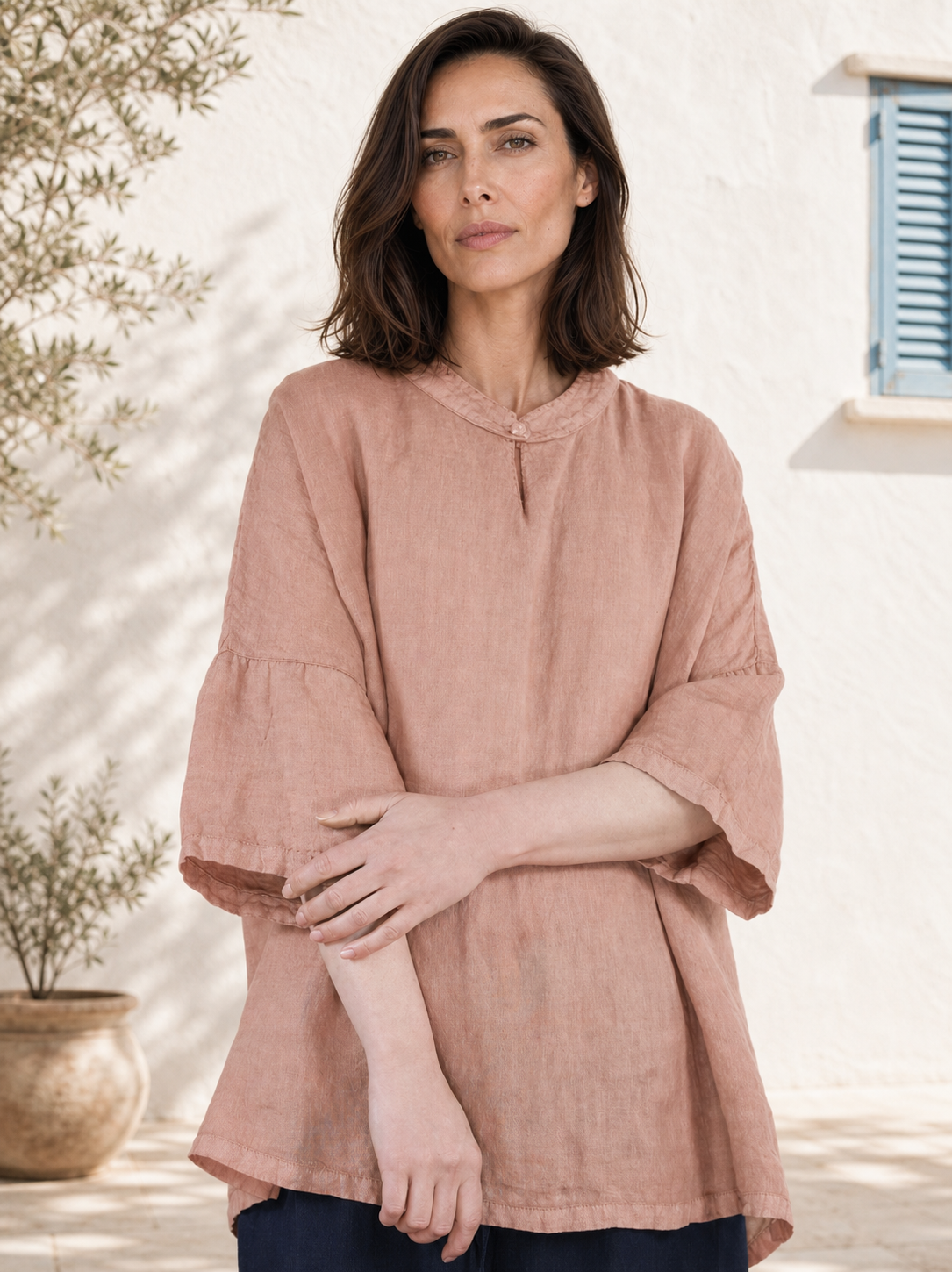 100% Linen Boxy Top with Stand Collar & Elbow Sleeves