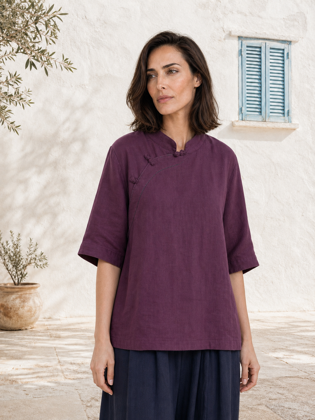 100% Linen Top with Mandarin Collar & Asymmetrical Front