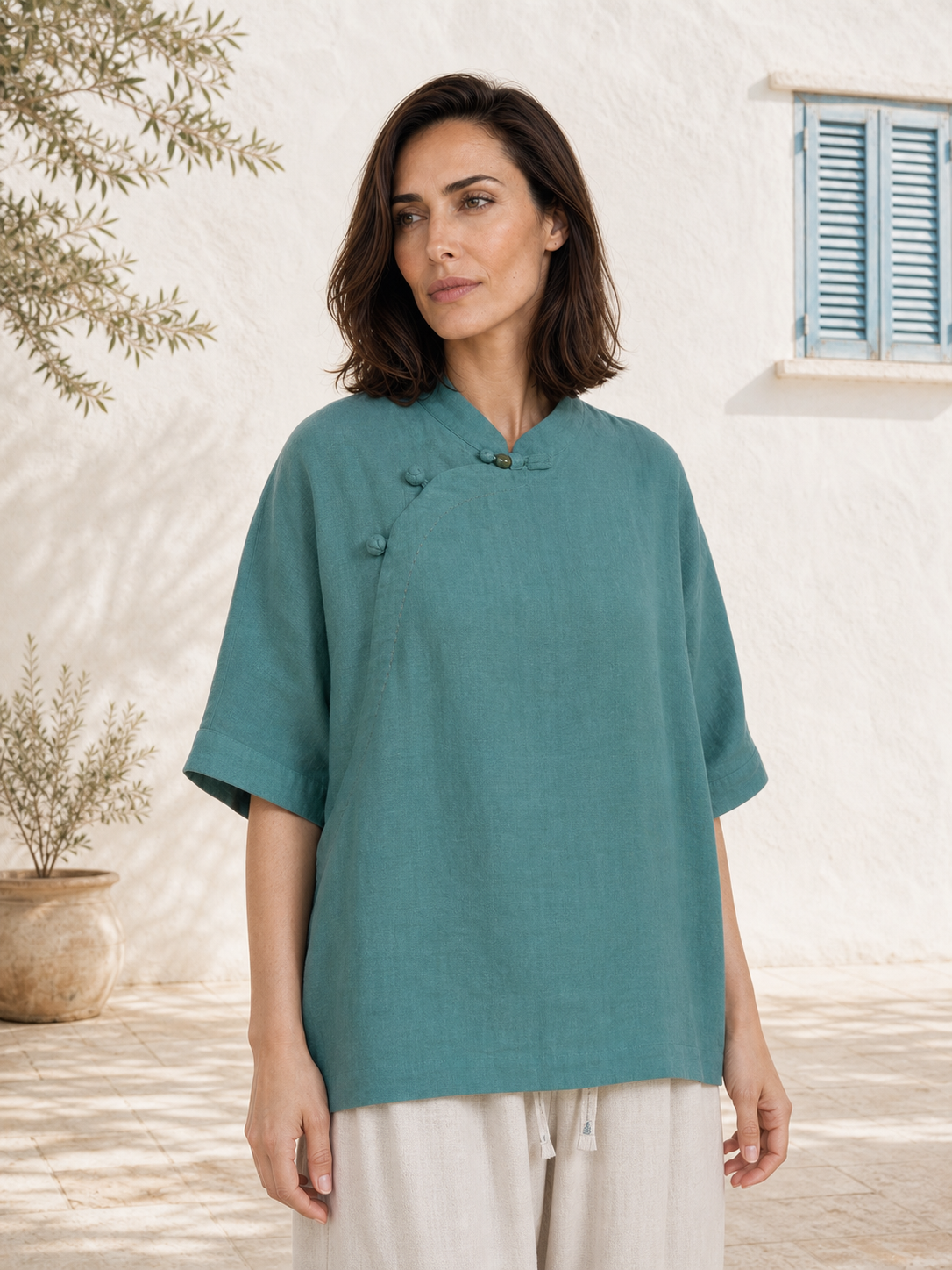 100% Linen Top with Mandarin Collar & Asymmetrical Front