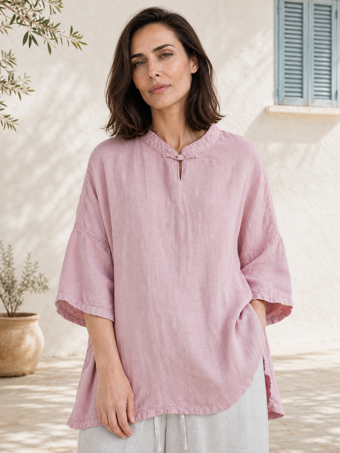 100% Linen Boxy Top with Stand Collar & Elbow Sleeves