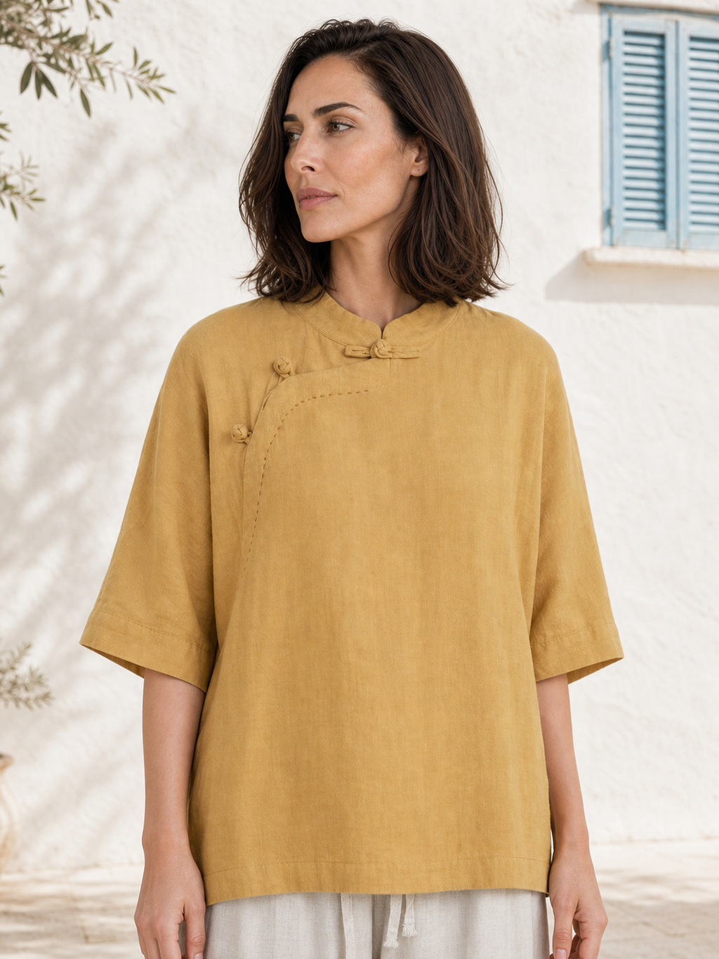 100% Linen Top with Mandarin Collar & Asymmetrical Front