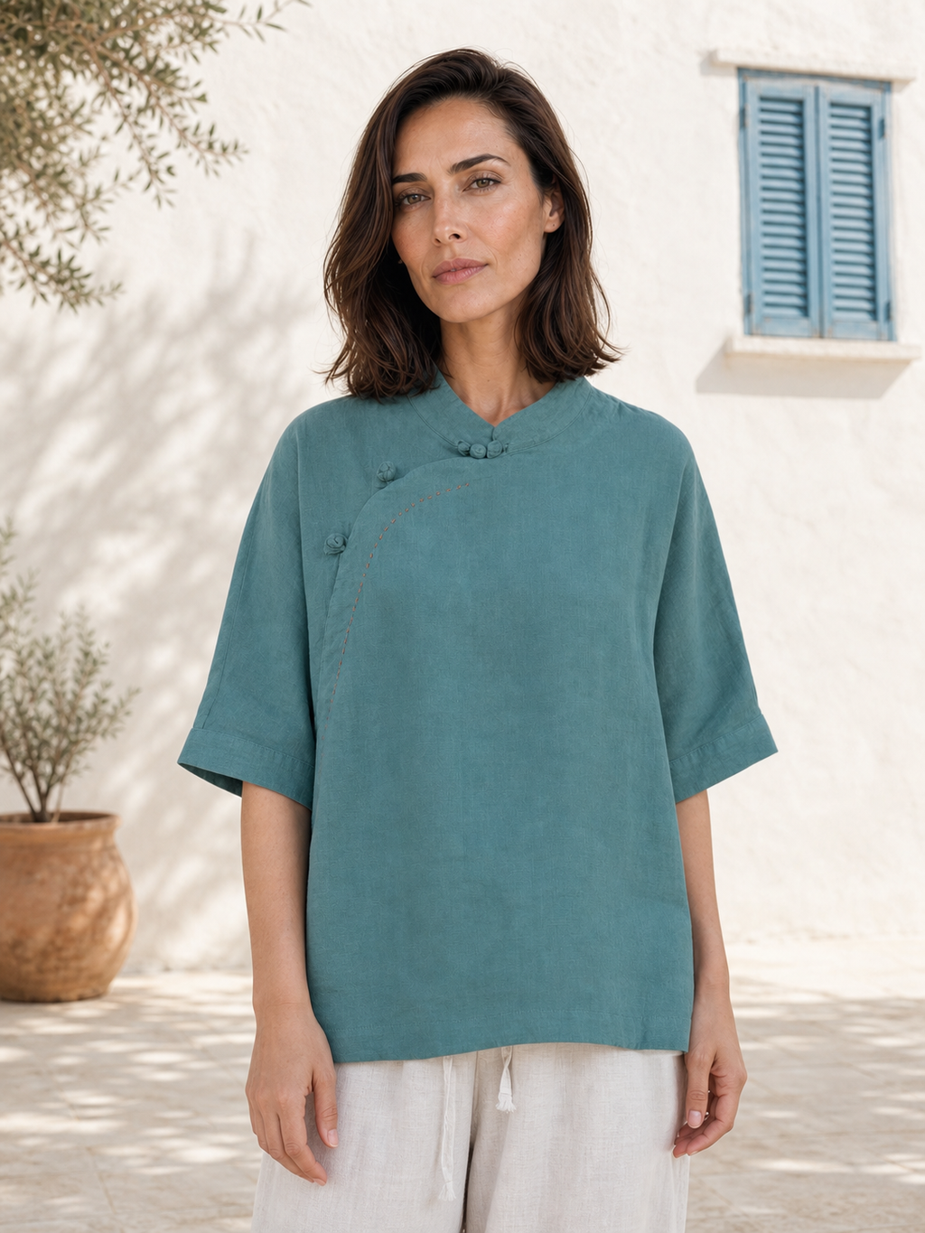 100% Linen Top with Mandarin Collar & Asymmetrical Front