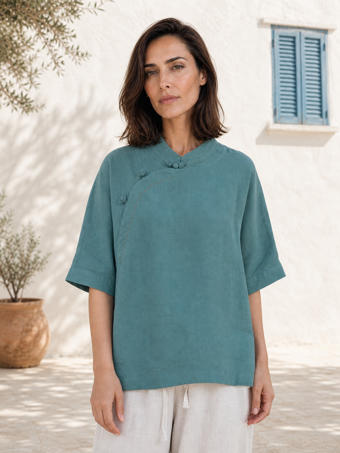 100% Linen Top with Mandarin Collar & Asymmetrical Front