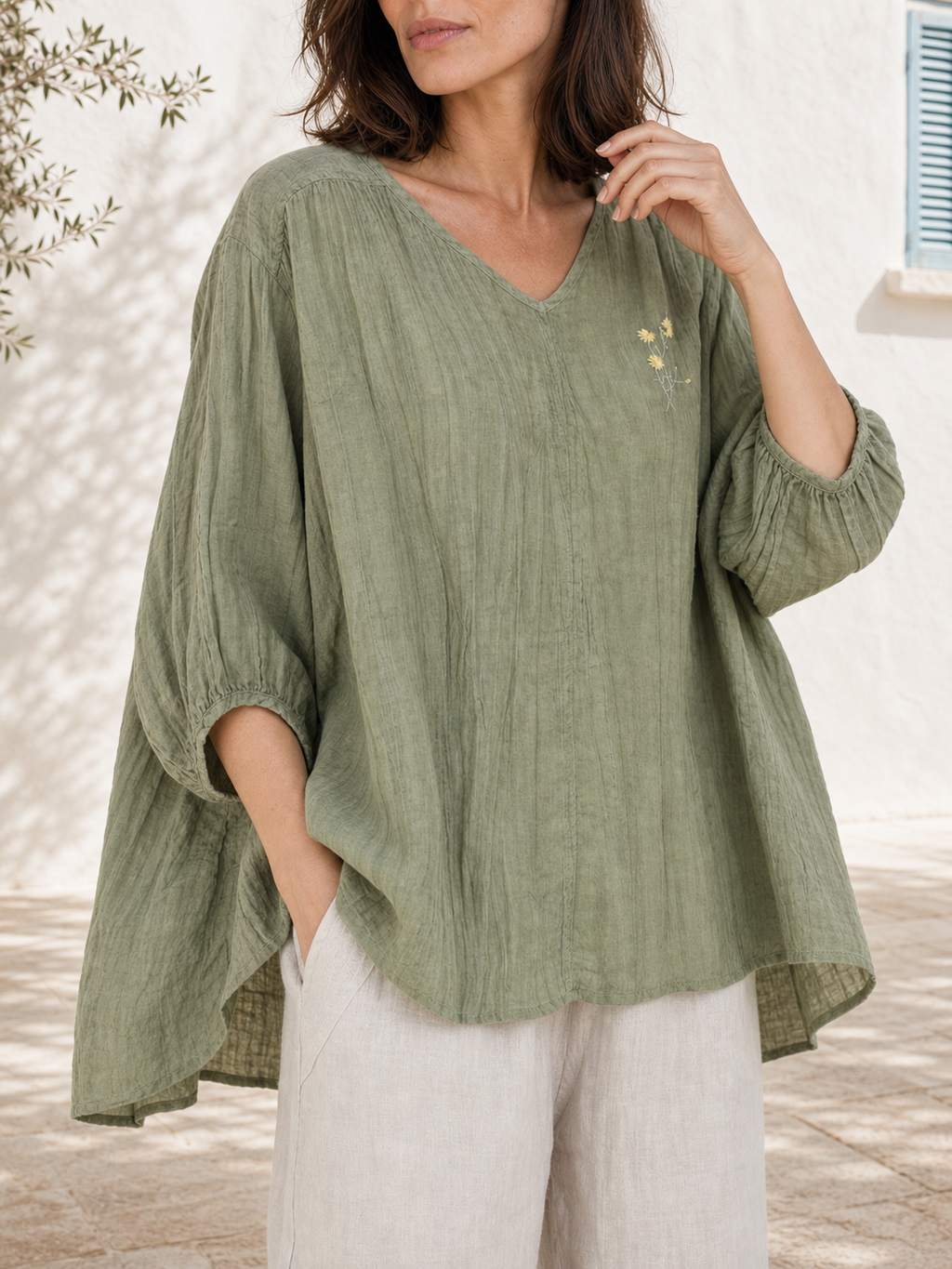 Linen-Look V-Neck Top with Floral Embroidery