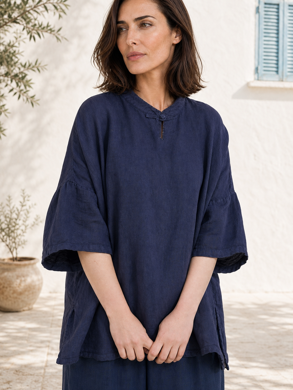 100% Linen Boxy Top with Stand Collar & Elbow Sleeves