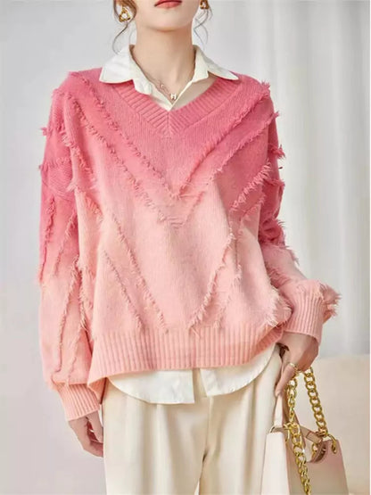 Gradient Lettuce Edge V-neck Soft Sweater