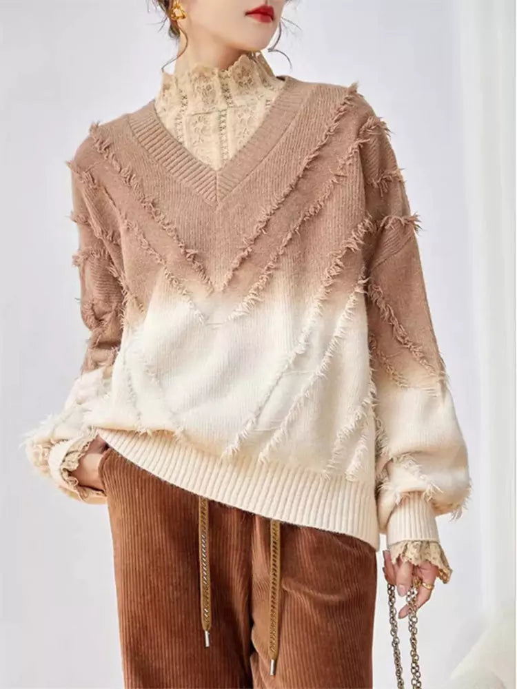 Gradient Lettuce Edge V-neck Soft Sweater
