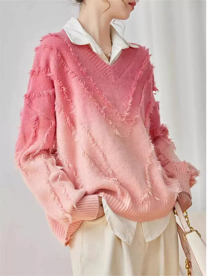 Gradient Lettuce Edge V-neck Soft Sweater