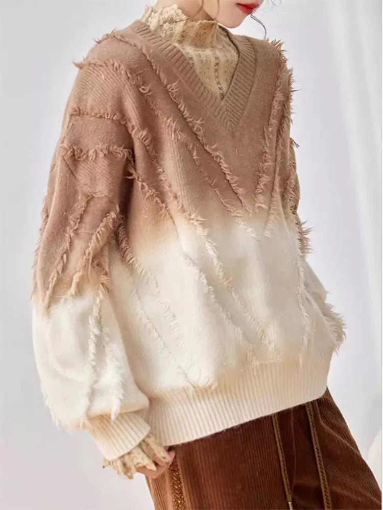 Gradient Lettuce Edge V-neck Soft Sweater