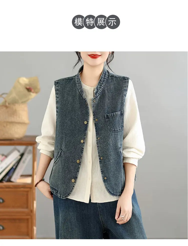 Distressed Washed Denim Vest for Women