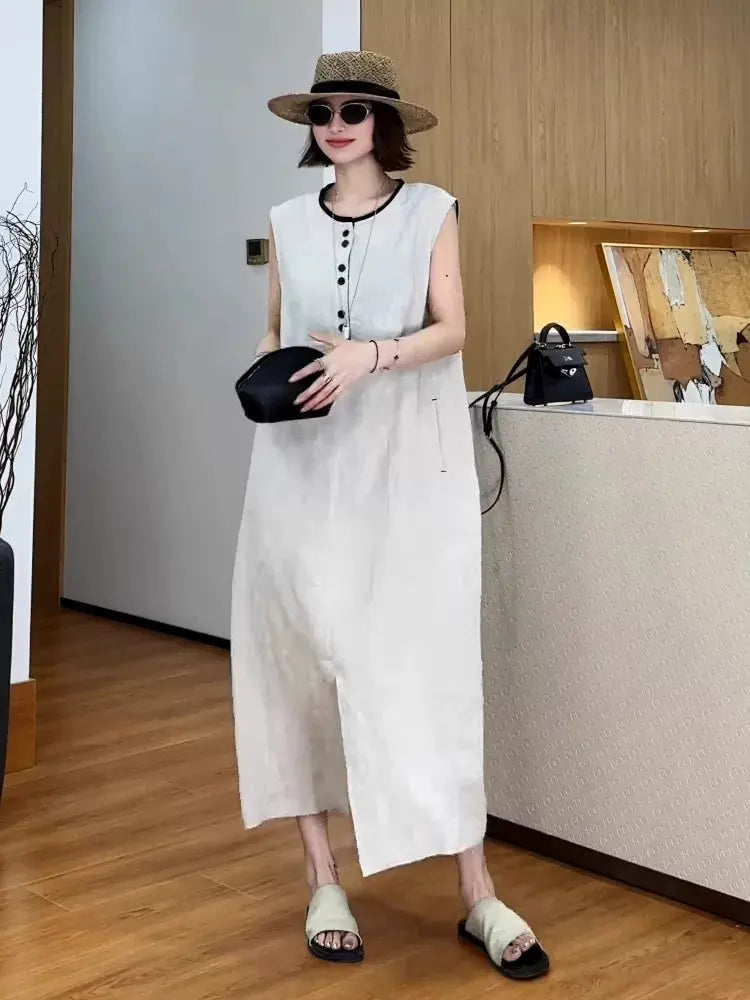 French Linen Sleeveless Midi Dress with Side Slit