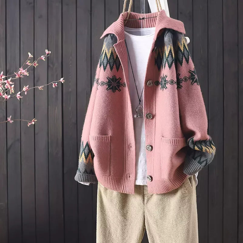 Fair Isle Geometric Knit Cardigan with Fold-Over Collar