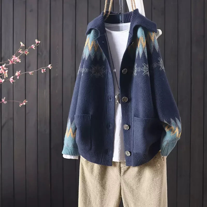 Fair Isle Geometric Knit Cardigan with Fold-Over Collar