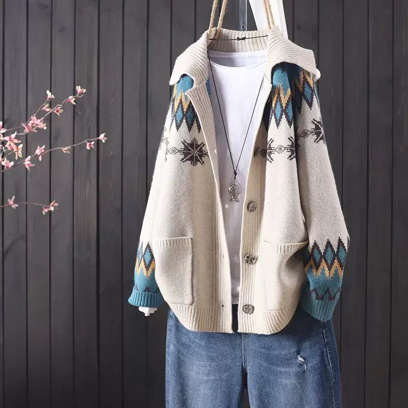 Fair Isle Geometric Knit Cardigan with Fold-Over Collar