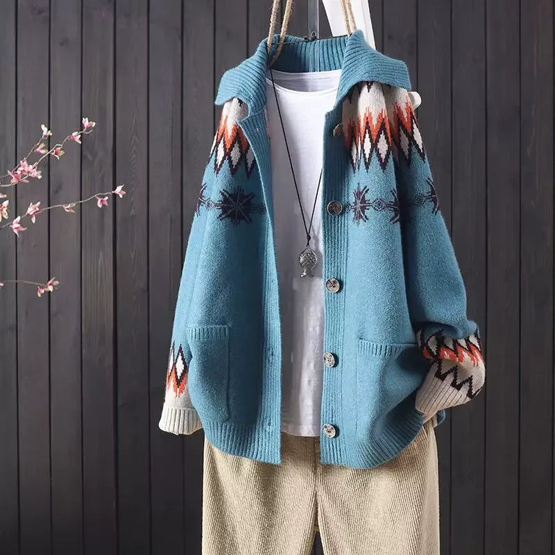 Fair Isle Geometric Knit Cardigan with Fold-Over Collar