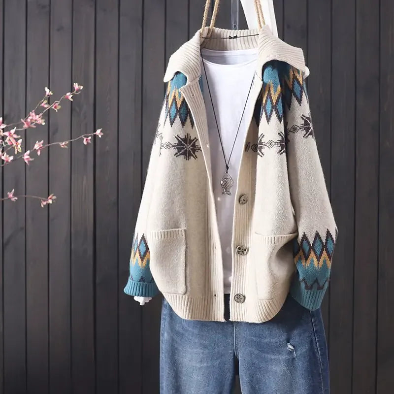 Fair Isle Geometric Knit Cardigan with Fold-Over Collar