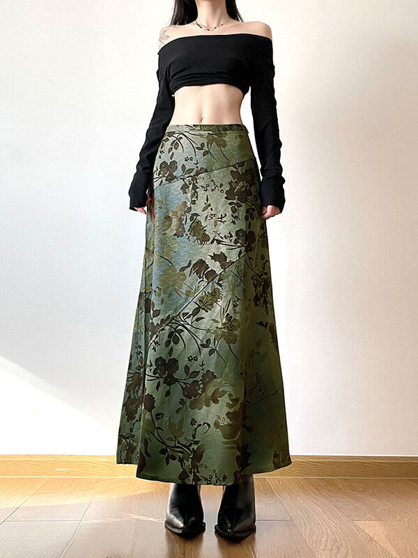 Fairycore Vintage Maxirock mit Blumenmuster und hohem Bund