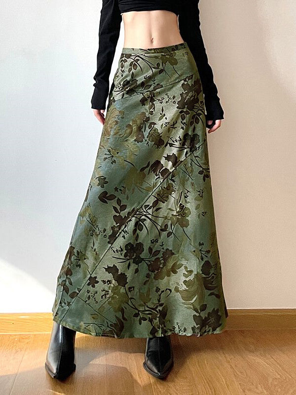 Fairycore Vintage Maxirock mit Blumenmuster und hohem Bund