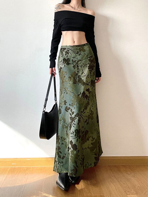 Fairycore Vintage Maxirock mit Blumenmuster und hohem Bund