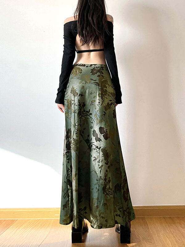 Fairycore Vintage Maxirock mit Blumenmuster und hohem Bund