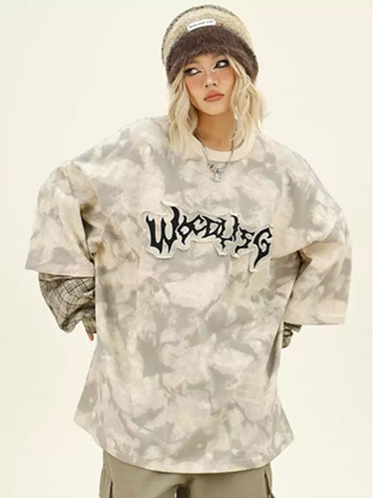 Fake Two Piece Tie-Dye Langarmshirt