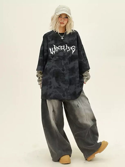 Fake Two Piece Tie-Dye Langarmshirt