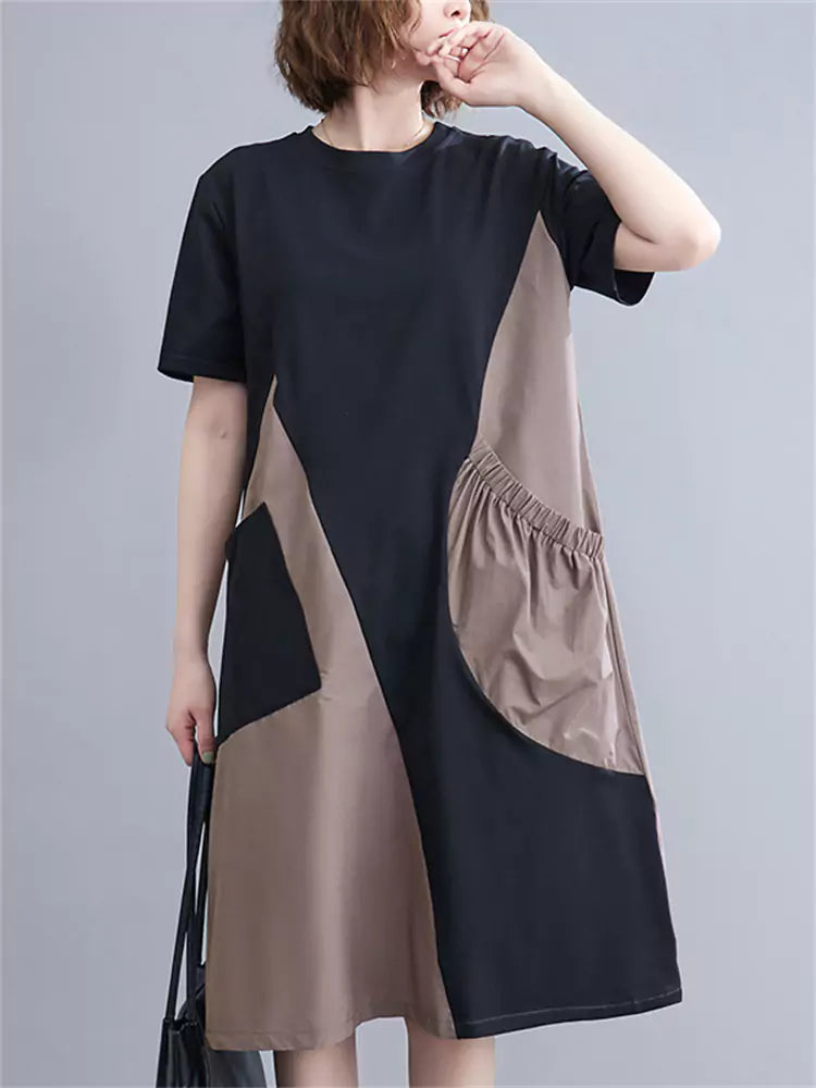 Fashion Color Block Patchwork Irregular Midi Dress Big Pockets Short Sleeve