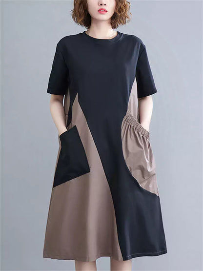 Modisches, asymmetrisches Midikleid mit Farbblock-Patchwork-Design, großen Taschen und kurzen Ärmeln