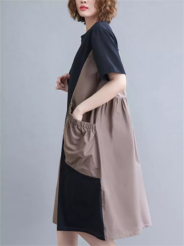 Fashion Color Block Patchwork Irregular Midi Dress Big Pockets Short Sleeve