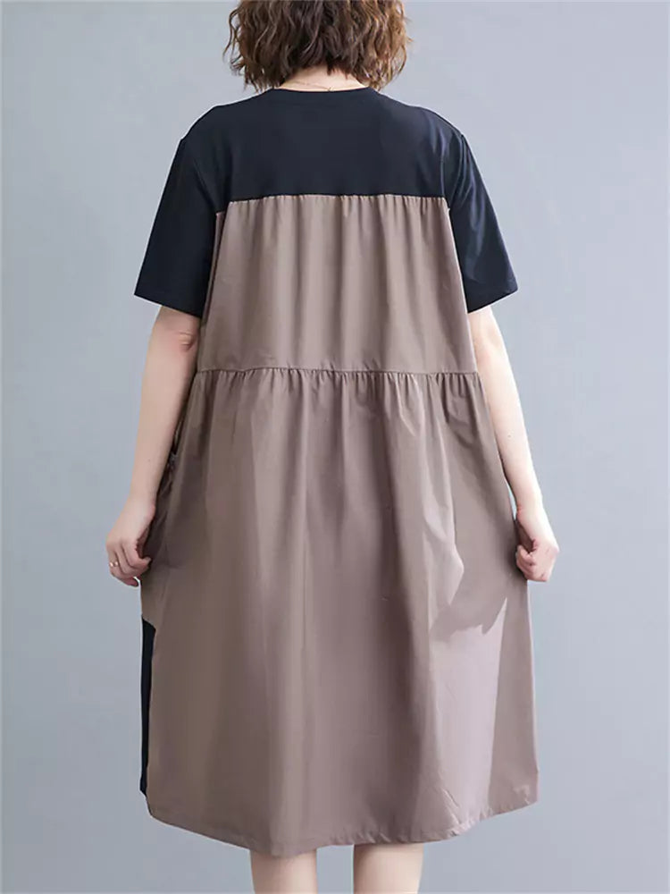 Fashion Color Block Patchwork Irregular Midi Dress Big Pockets Short Sleeve