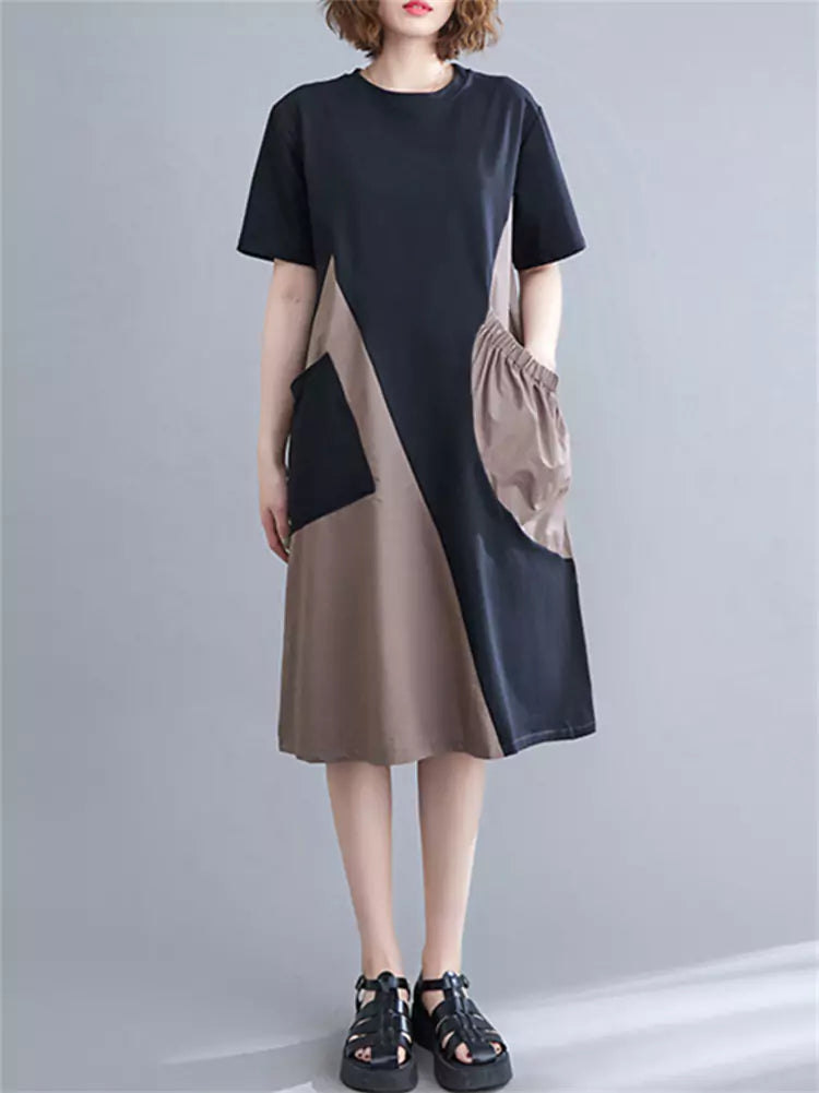 Fashion Color Block Patchwork Irregular Midi Dress Big Pockets Short Sleeve