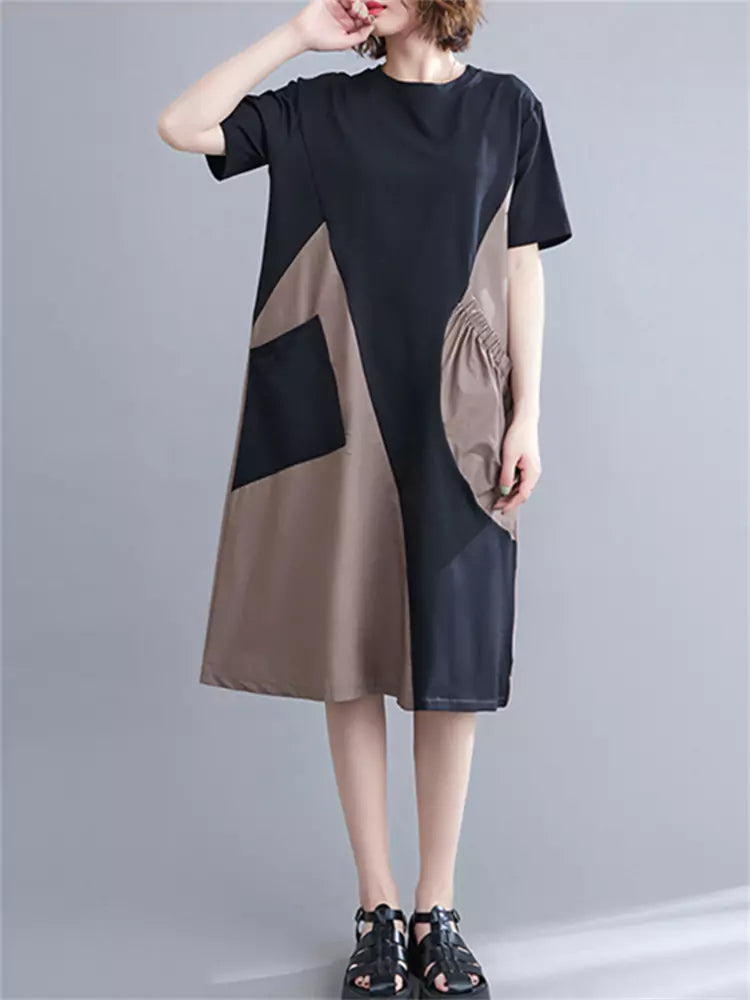 Fashion Color Block Patchwork Irregular Midi Dress Big Pockets Short Sleeve