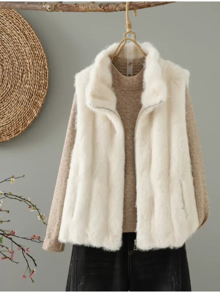 Faux Fur Stand Collar Zip Front Quilted Vest