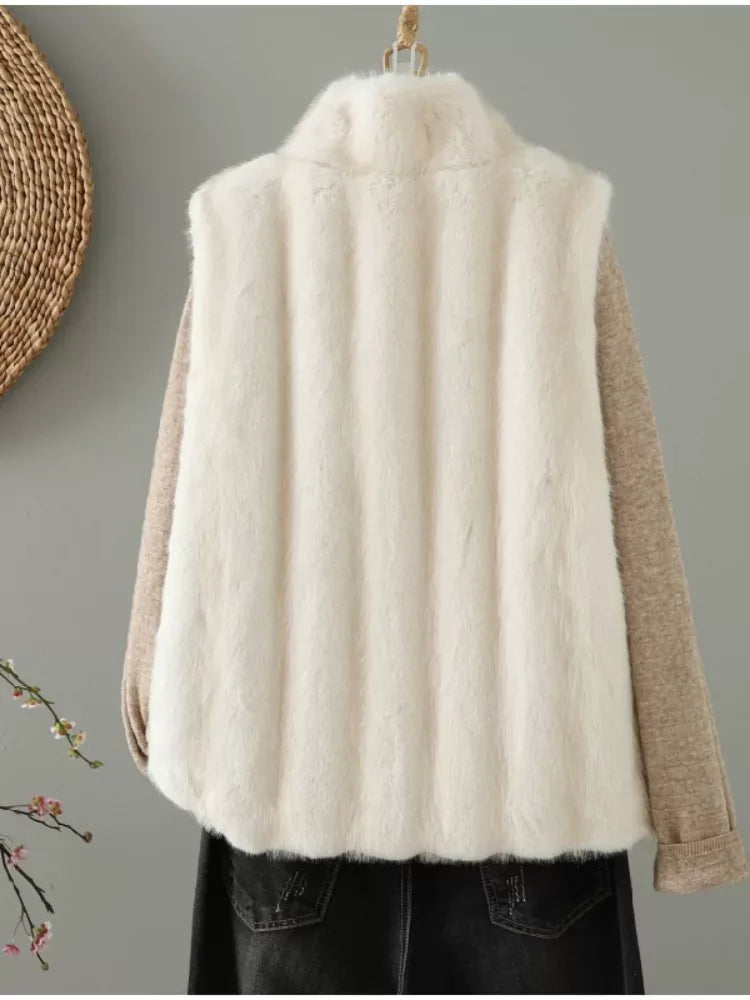 Faux Fur Stand Collar Zip Front Quilted Vest