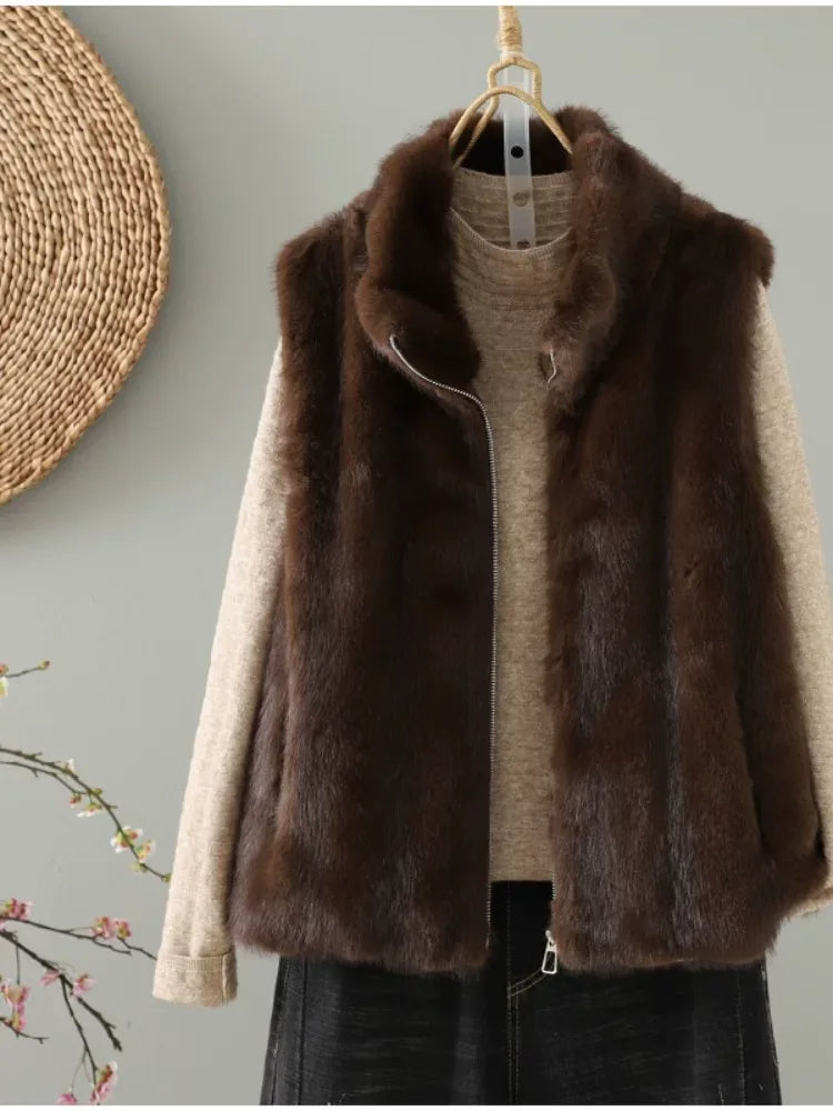 Faux Fur Stand Collar Zip Front Quilted Vest