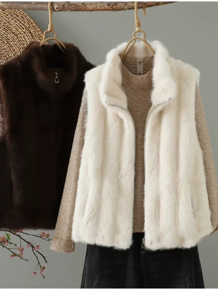 Faux Fur Stand Collar Zip Front Quilted Vest
