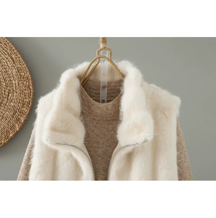 Faux Fur Stand Collar Zip Front Quilted Vest