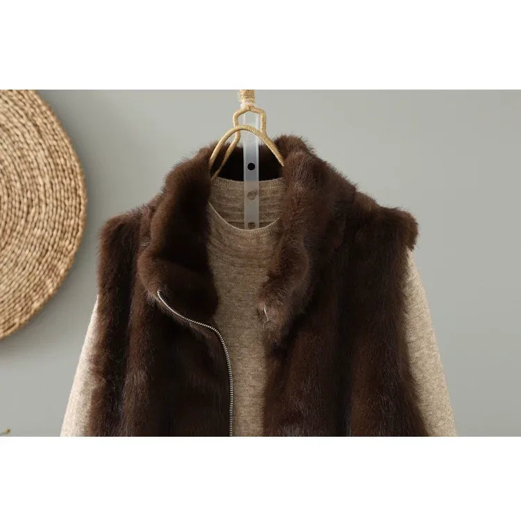 Faux Fur Stand Collar Zip Front Quilted Vest
