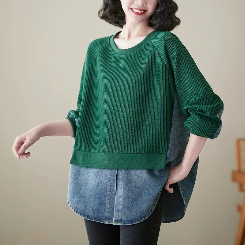 Faux Two-Piece Color Block Ribbed Knit Sweater