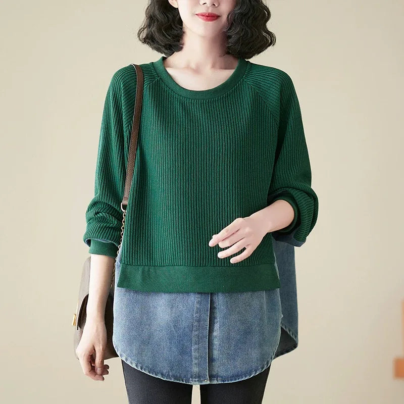 Faux Two-Piece Color Block Ribbed Knit Sweater