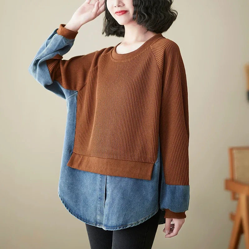 Faux Two-Piece Color Block Ribbed Knit Sweater