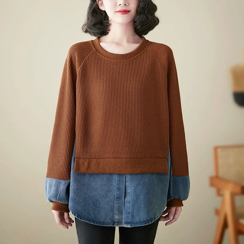 Faux Two-Piece Color Block Ribbed Knit Sweater