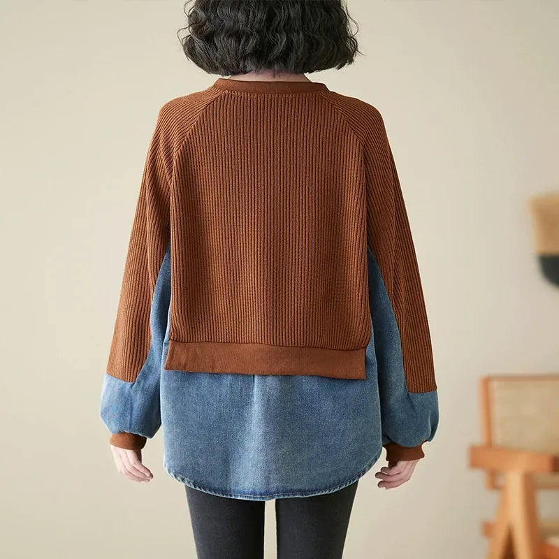 Faux Two-Piece Color Block Ribbed Knit Sweater