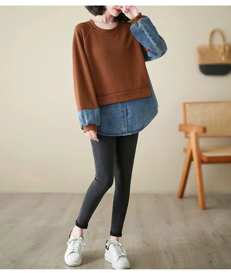 Faux Two-Piece Color Block Ribbed Knit Sweater