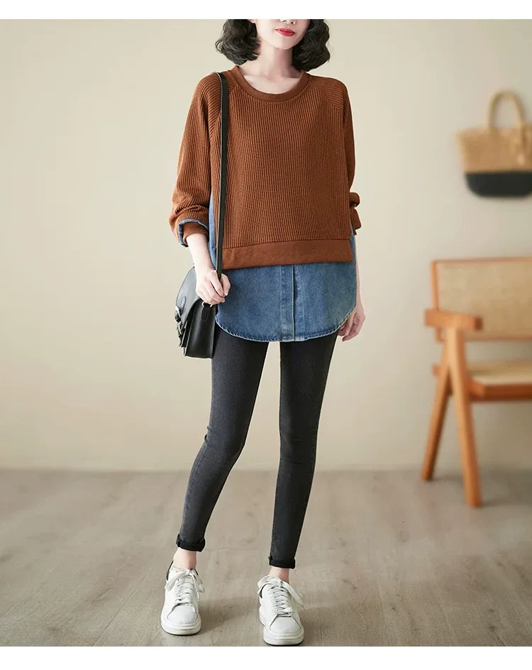 Faux Two-Piece Color Block Ribbed Knit Sweater