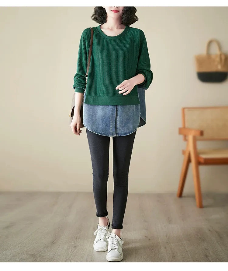 Faux Two-Piece Color Block Ribbed Knit Sweater